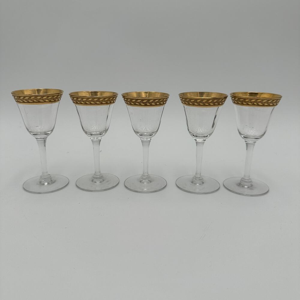 Vtg Tiffin-Franciscan Laurel Cordials Stemware Gold Encrusted Band S/5